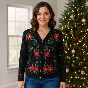 Vintage Poinsettia Christmas Cardigan Embroidery M Black Beaded Grandma Cottage
